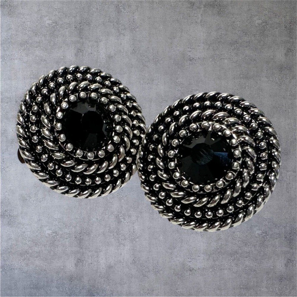 Vintage Silver Tone Black Cabochon Clip Earrings‎ Rope Swirl Textured